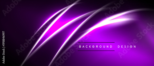 Abstract purple design features glowing lines, curves. Dark background emphasizes bright elements, modern aesthetic. Simple text reads background design.