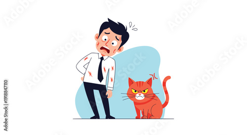 Sad businessman covered in scratches and wounds standing near a grumpy orange cat for funny and ironic pet ownership lifestyle theme.