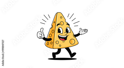 Happy wedge of swiss cheese character with holes giving a thumbs up and walking for food business mascot and restaurant menu design.