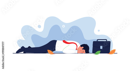 Tired businessman in a white shirt and red tie lying face down on the ground with a briefcase nearby for burnout and failure concept.