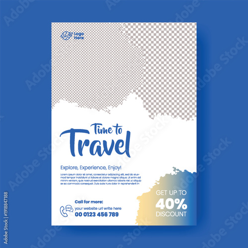 travel agency A4 print ready flyer poster vector template for summer vacation tours, travel flyer leaflet and brochure cover design for tourism marketing and promotion