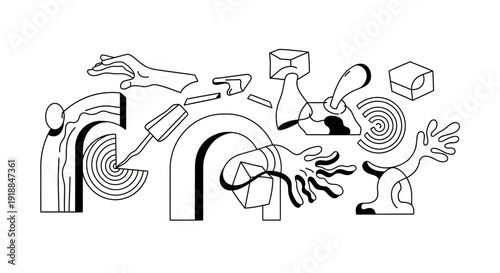 A surreal abstract illustration of various shapes and forms in black and white