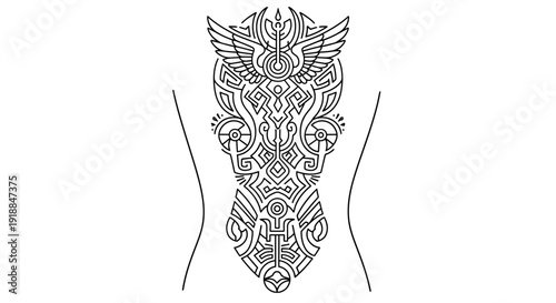 A detailed black and white tattoo design on a person's back