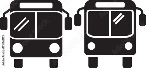 Front View Bus Icons: Pair of Black and White Silhouettes of City Buses or Coaches for Transportation and Travel Concepts