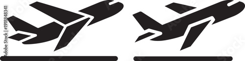 Minimalist Black Airplane Taking Off Vector Icon Set for Aviation, Travel, Departure, and Flight Symbolism
