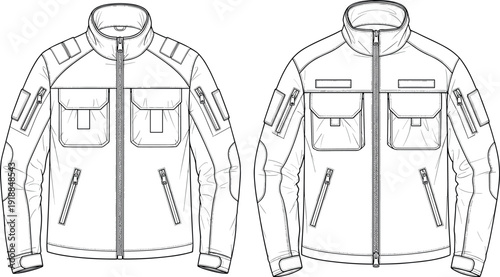 Tactical utility jacket technical flat sketch vector illustration men outdoor clothing design template with multiple pockets and zipper details isolated.