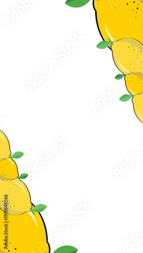 Yellow lemons with green leaves arranged along the sides on a white background, abstract border design