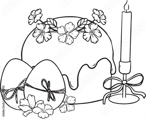 Easter cake and eggs, holiday symbols and decorative elements in a minimalist line art style