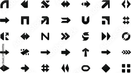 Hand drawn black ink arrows icons featuring many different styles shapes and directions creating a chaotic yet expressive artistic design element for navigation or flow concepts