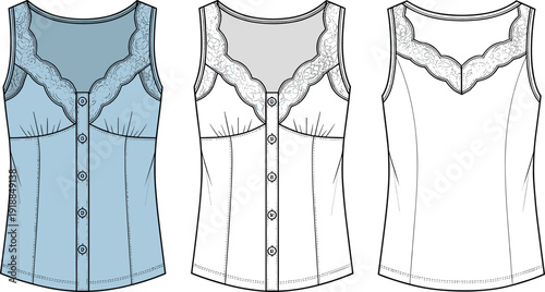 Vector fashion flat sketch of women button front lace trim camisole tank top technical drawing front and back view template