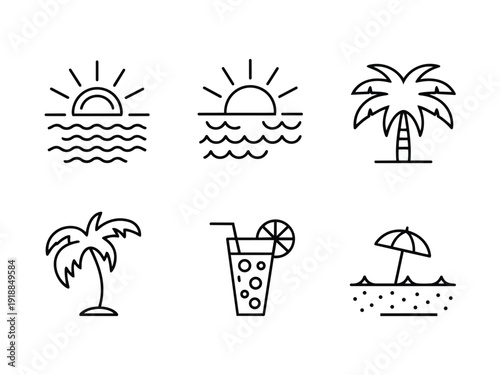 Summer travel and beach vacation icons set with tropical palm trees and ocean elements vector illustration