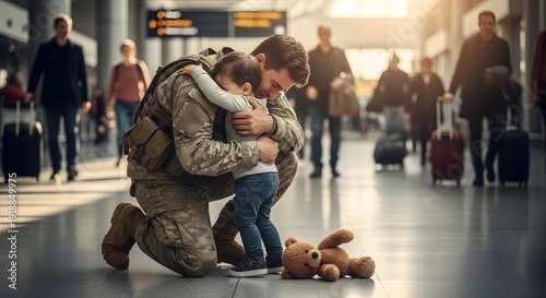 Soldier kneeling hugging child at airport terminal