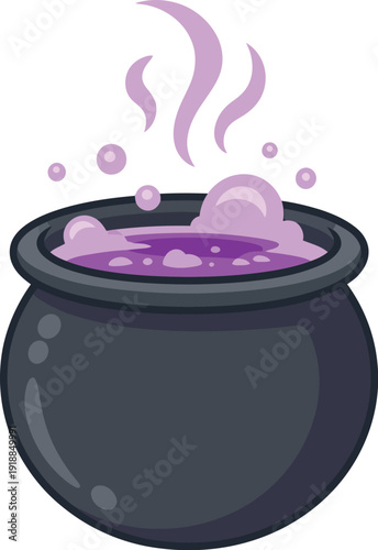 Bubbling Cauldron Brew with Purple Potion and SteamHalloween Witchcraft Vector