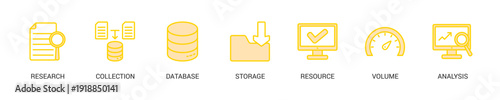 Big Data Lineal Yellow Icon Set For Web Banner. Vector Illustration Concept With Some Icons. Designed In Lineal Yellow Style