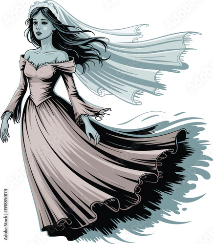 Ethereal Ghost Bride with Flowing Veil and Gown Halloween Character Vector Art