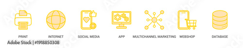 Cross Media Lineal Yellow Icon Set For Web Banner. Vector Illustration Concept With Some Icons. Designed In Lineal Yellow Style
