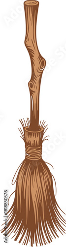 Rustic Wooden Broom with Twig Handle and Natural Bristles Isolated Vector Illustration