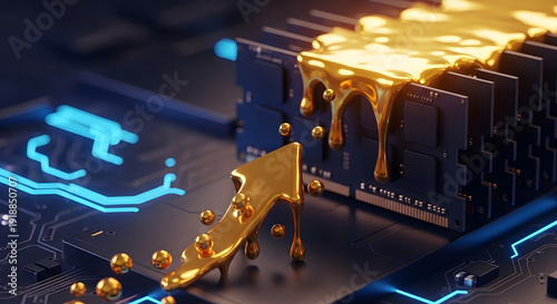 Abstract rendering of golden liquid flowing over computer hardware components