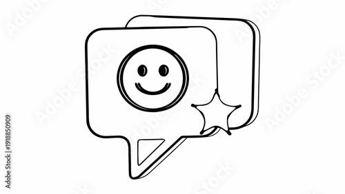 Simple black and white illustration of a speech bubble with a smiley face and star icon, symbolizing positive feedback and approval