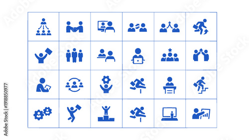 Blue human resources and team management icons including recruitment, organization chart, employee network, and business hierarchy elements.