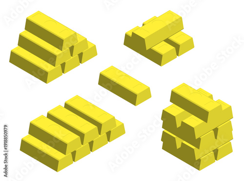 Isometric stacks of precious gold bars. 3D vector isolated on white background