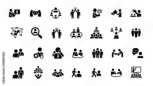 Comprehensive black business and HR icons including recruitment, employee management, performance review, and corporate structure symbols.