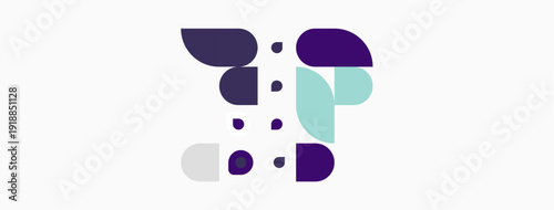 Abstract shapes, purple, teal, gray dots form whimsical composition. Minimalist design, clean background, modern aesthetic.