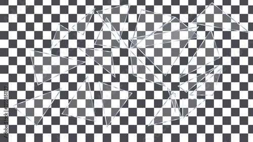 Shattered transparent glass pieces on a checkered background, illustrating breakage and fragility.