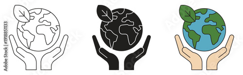 Environment protection symbol. Icon of the Earth being held by two hands, representing global protection, support, and sustainability, vector illustration.