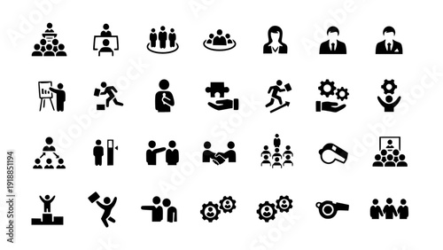 Modern black startup and project management icons including planning, strategy, workflow, target, and business development symbols for digital and print design.