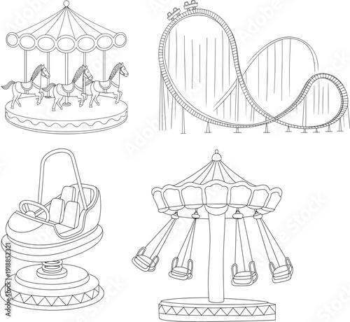 Minimalist vector line art set of amusement park rides including carousel roller coaster and swings