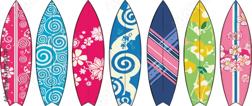 Colorful surfboard collection with floral abstract patterns summer beach sport vector illustration isolated design set