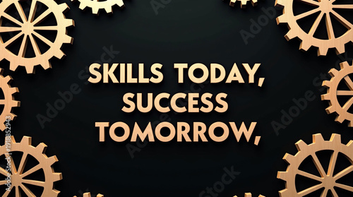 Skills today success tomorrow message with wooden gears on black background design