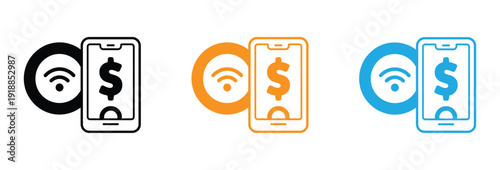 Streamline your business with modern mobile payment icons showing WiFi connectivity in black, orange, and blue, perfect for fintech, e-commerce, and digital banking presentations