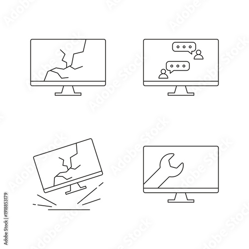 Screen repair service and damaged monitor icons set