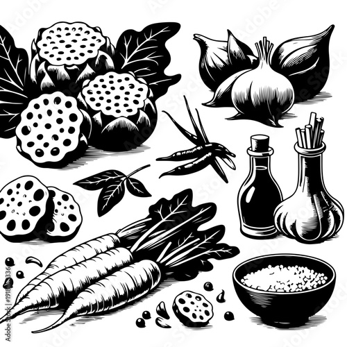 A black and white vector illustration of various vegetables and condiments