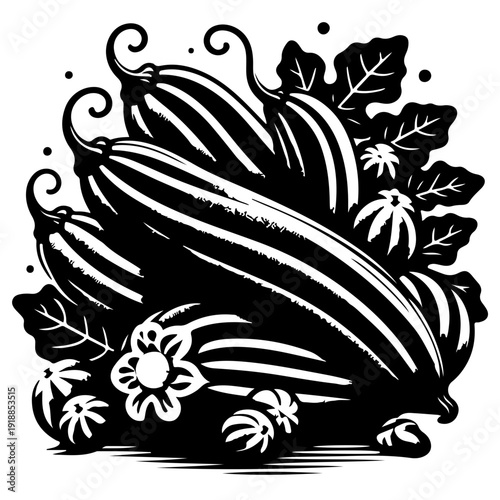 A black and white vector illustration of a decorative squash with leaves and vines