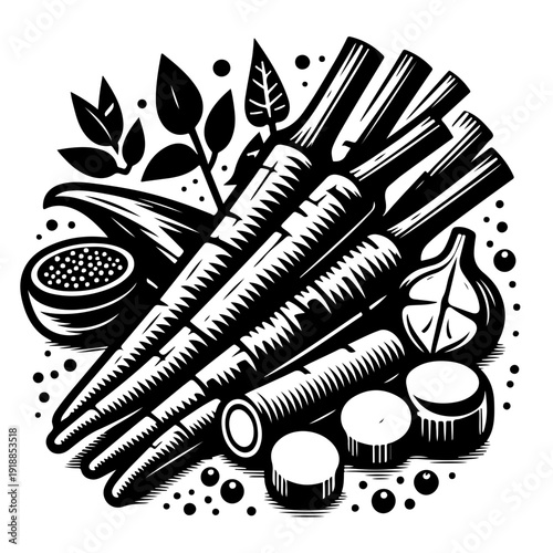 A black and white vector illustration of a bunch of carrots with leaves and slices