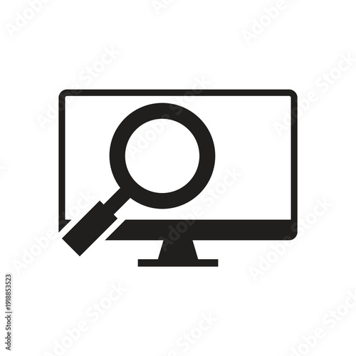 Solid search tool magnifying glass and find monitor icon