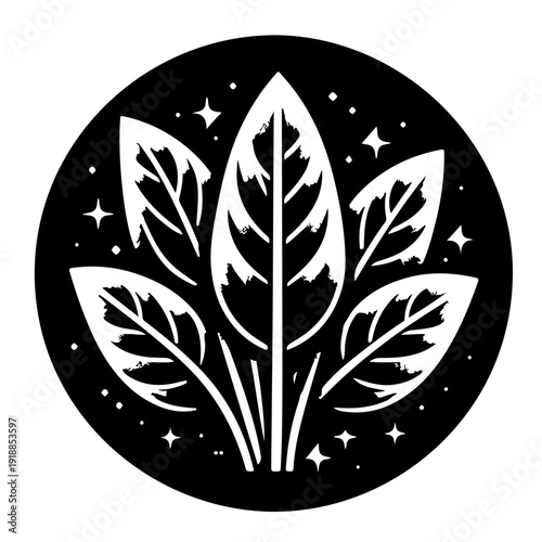 A minimalist vector graphic of a stylized plant with leaves and stars in a circular design