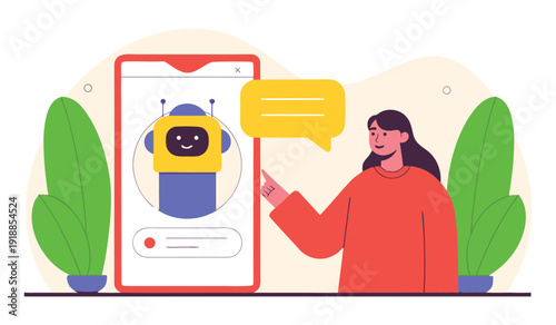 Woman interacting with friendly chatbot on smartphone app for customer support and AI assistance