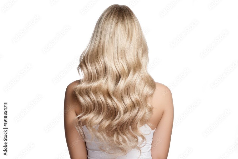 Fototapeta premium back view of a glamour blonde woman with curvy beautiful soft and glossy long hair isolated on white or transparent png