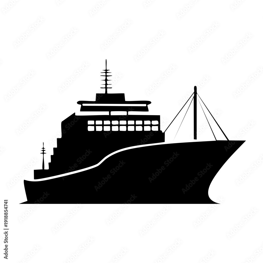 Obraz premium A large black silhouette of a ship sailing on calm waters viewed from the side with detailed structural elements