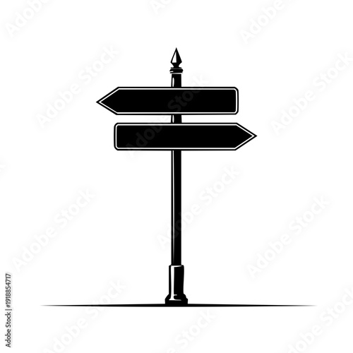 Double directional signs pointing opposite directions on a metal pole with a pointed finial