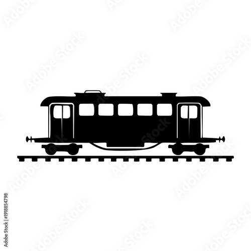 Vintage Tram Car on Railway Tracks Illustration from a Side Viewpoint