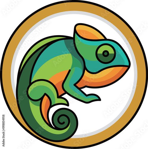 A stylized chameleon is artistically illustrated, showcasing vibrant colors and abstract patterns. This creative representation symbolizes adaptability and transformation in a fun way.