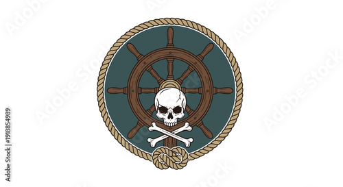 Pirate Ship Wheel Emblem with Skull and Crossbones and Nautical Rope