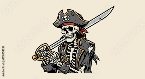 Skeleton Pirate with Cutlass Sword and Tricorne Hat, Spooky Character Art