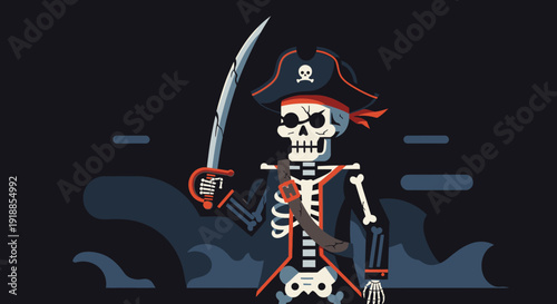 Skeleton Pirate with Cutlass and Pirate Hat on Dark Background