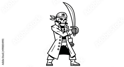 Pirate Skeleton Warrior with Cutlass Sword and Bandana, Black and White